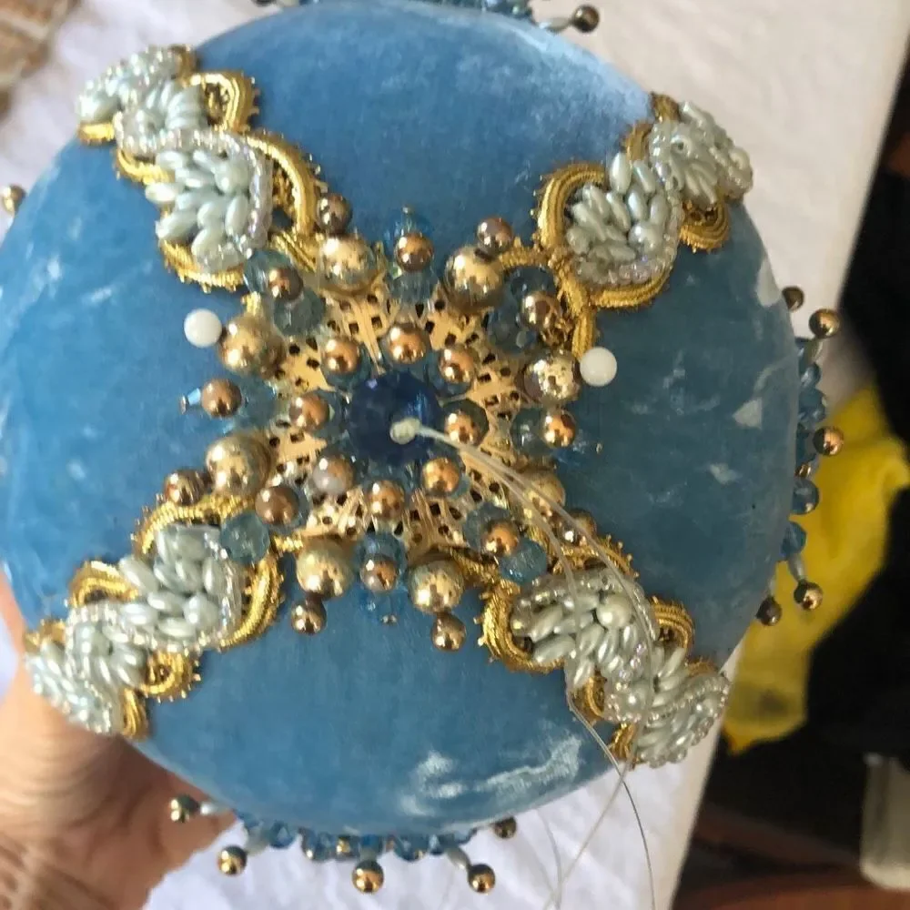 X Large Vintage velvet push pin ornament handmade blue pearl
